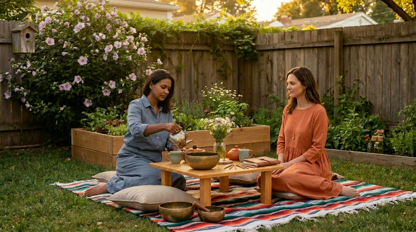 A sound bath in the backyard garden — two women at a low table with crystal singing bowls and flowers