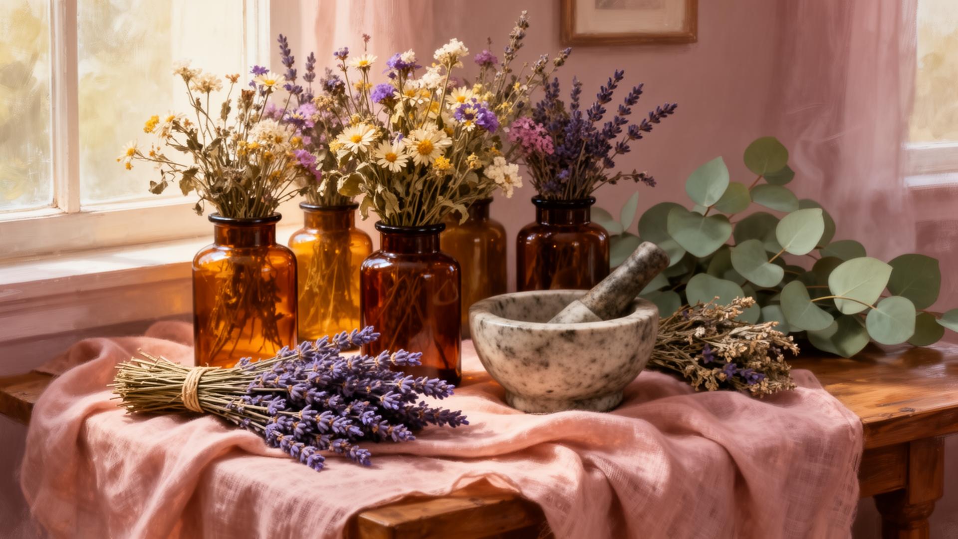 Amber jars of dried herbs