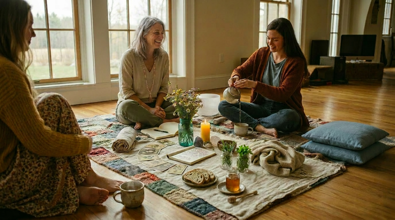 Two women sitting together barefoot on a patchwork blanket in the backyard garden, smiling softly