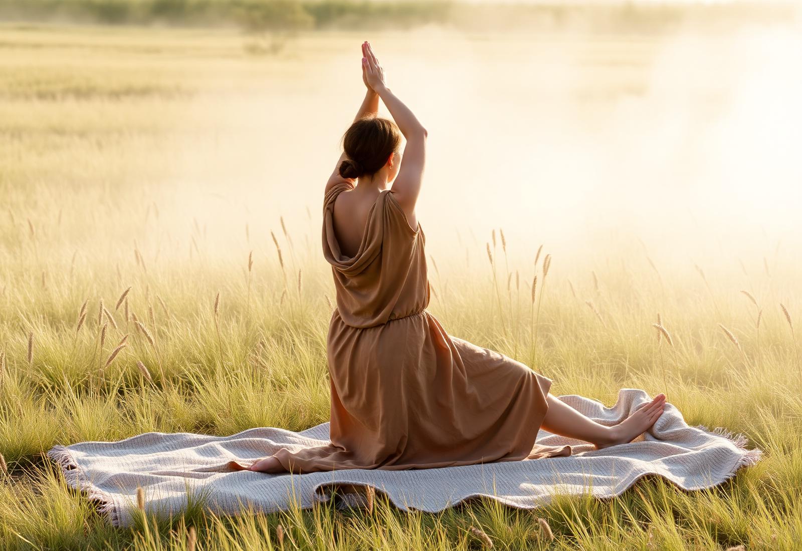 Slow yoga in a misty meadow