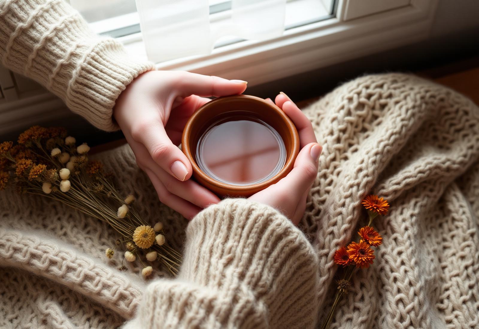 Hands holding a warm clay cup